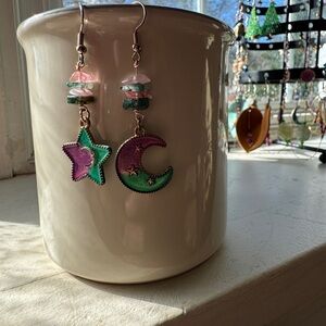 Star and Moon Dangle Earrings - Moss Agate and Rose Quartz